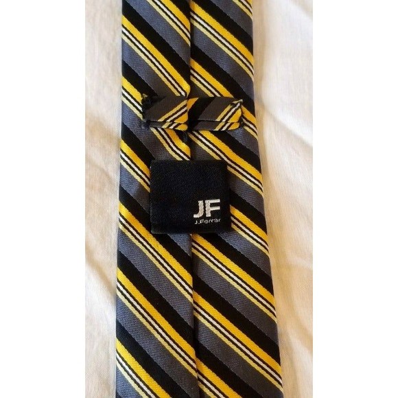JF J. Ferrar Striped Black Yellow Grey Polyester Tie - Picture 7 of 8